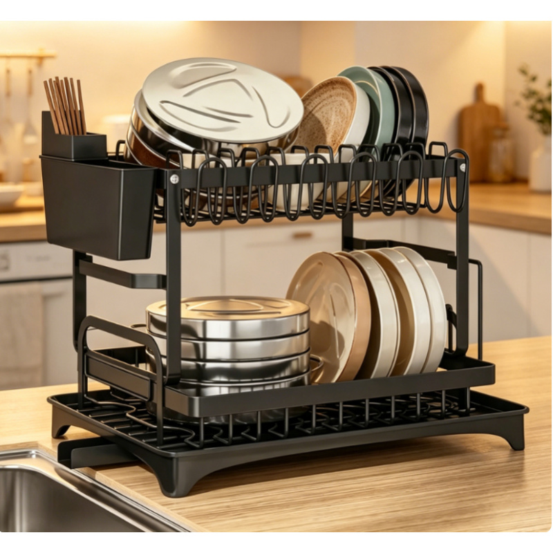 Commercial Kitchen Floor Drain - Premium Großes 2-stöckiges Metall-Geschirrregal mit Abtropfschale