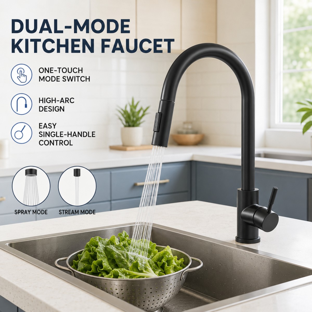 Commercial Kitchen Mixer Tap - Schwarze Küchenarmatur mit zwei Funktionen, Einhandgriff,